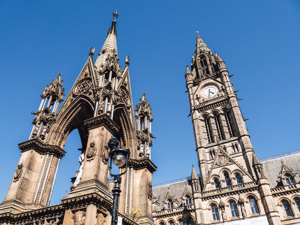 spire and clocktower in Manchester